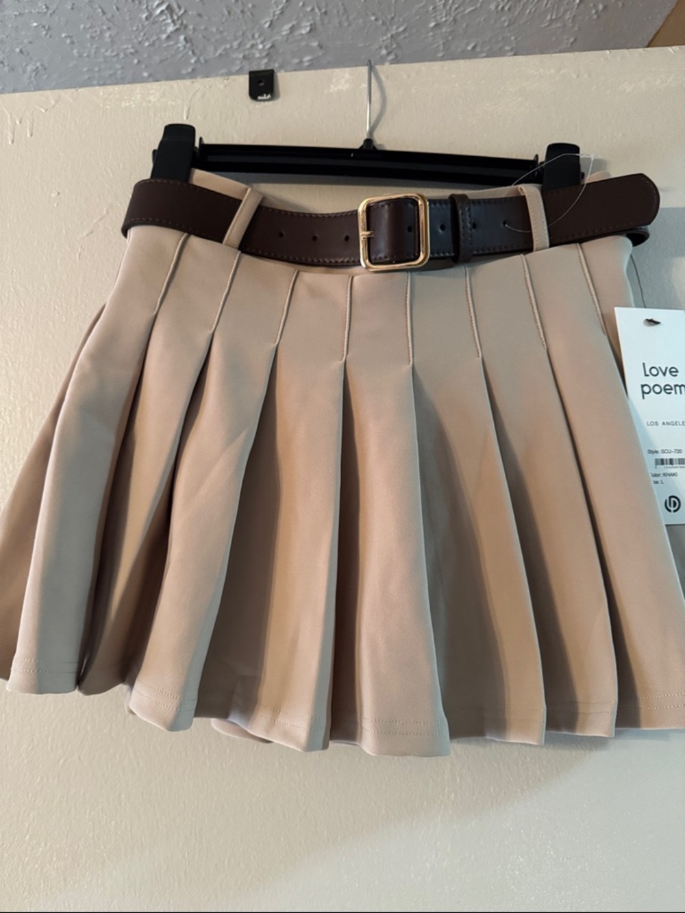 Love Poem Beige Pleated Skater Skirt with Brown Belt